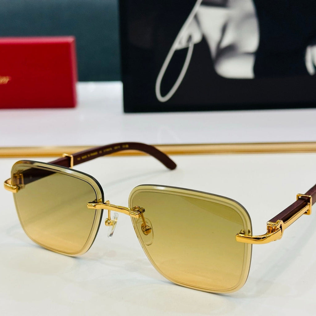 CARTIER C DE RIMLESS RECTANGULAR FRAME SUNGLASSES CT0607S IN METAL AND WOODEN